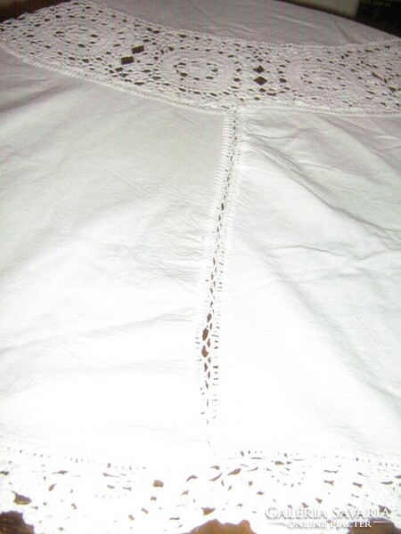 Beautiful special white hand-crocheted antique round linen tablecloth
