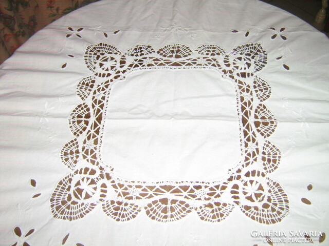 White madeira embroidered tablecloth with beautiful hand-crocheted edges and inserts