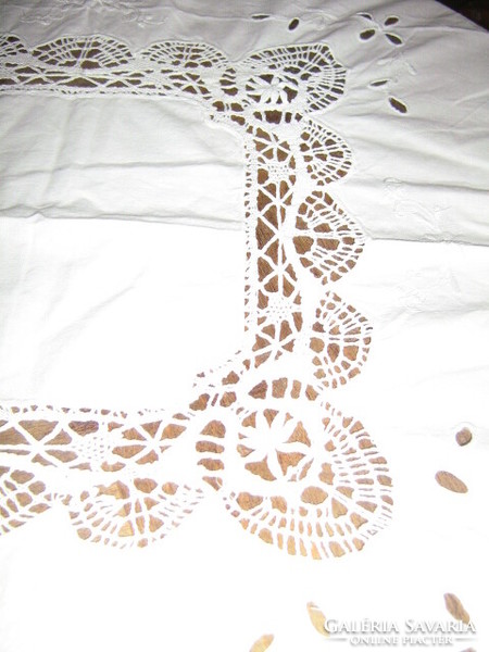 White madeira embroidered tablecloth with beautiful hand-crocheted edges and inserts