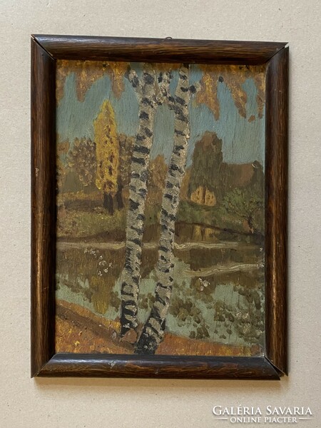 Birch trees in the landscape, oil on wooden panel, antique painting in a brown frame