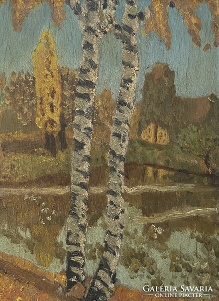 Birch trees in the landscape, oil on wooden panel, antique painting in a brown frame