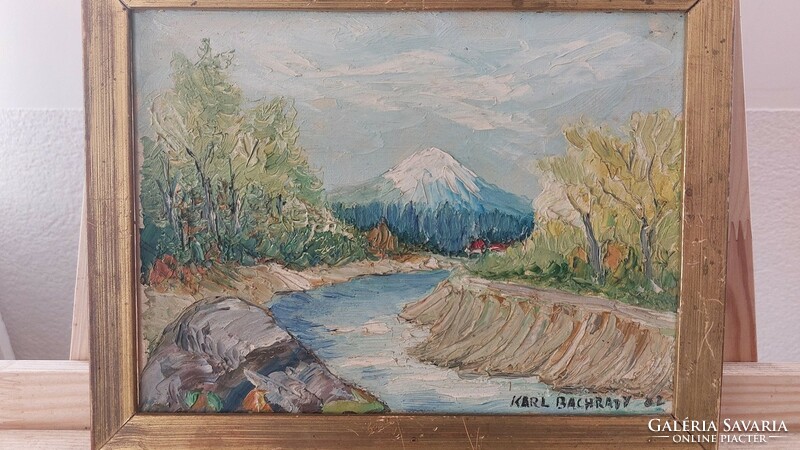 (K) signed landscape painting with mountains, river, 27x21 cm frame
