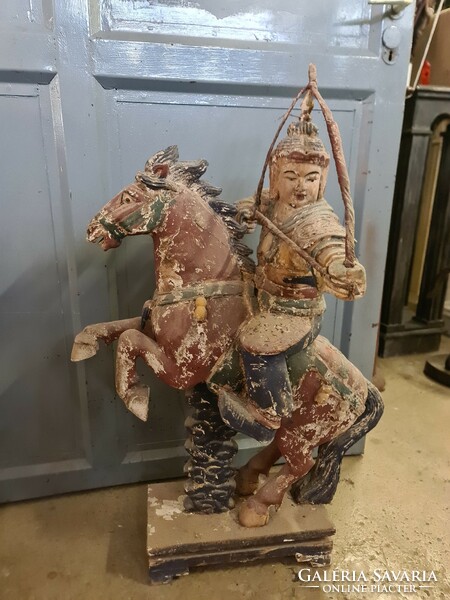 Oriental wooden statue - warrior on horseback with bow in hand