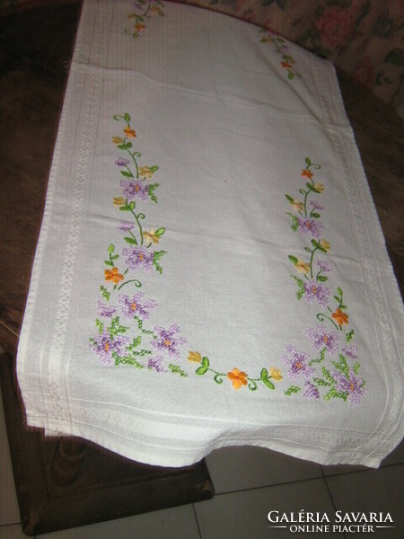 Beautiful special white vintage floral hand-embroidered tablecloth runner