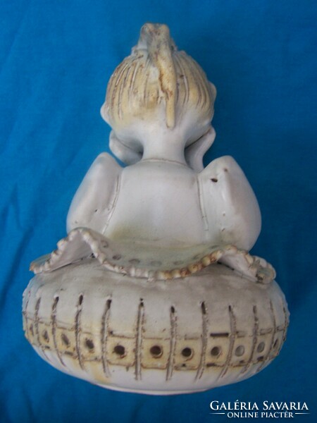 éva Kovács: sitting little girl - glazed ceramic sculpture, marked, flawless, M: 20 cm