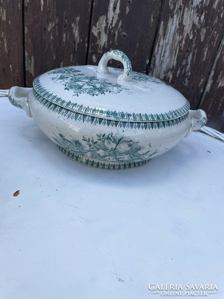 Antique lidded bowl with green flowers