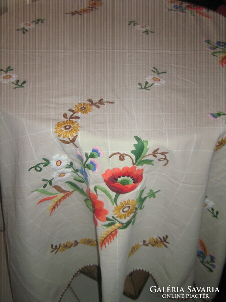 Beautiful antique hand-embroidered poppy flower tablecloth