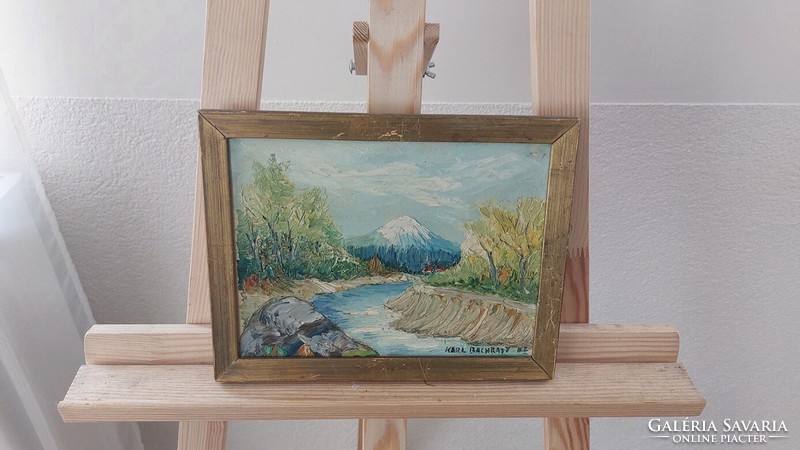 (K) signed landscape painting with mountains, river, 27x21 cm frame