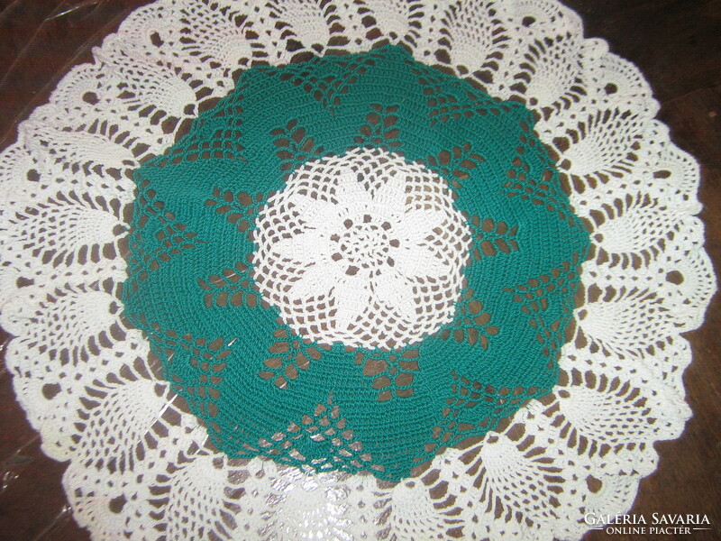 Beautiful white green hand crocheted round lace tablecloth