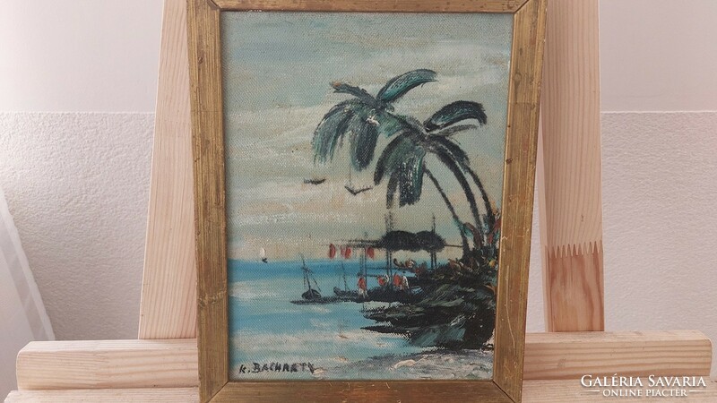(K) marked landscape painting beach with palm trees 21x27 cm frame