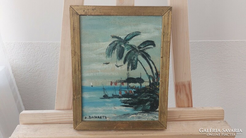 (K) Jelzett tájkép festmény tengerpart pálmafákkal 21x27 cm kerettel