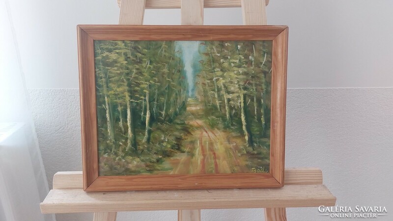 (K) Jelzett tájkép festmény "erdei út" 36x30 cm kerettel