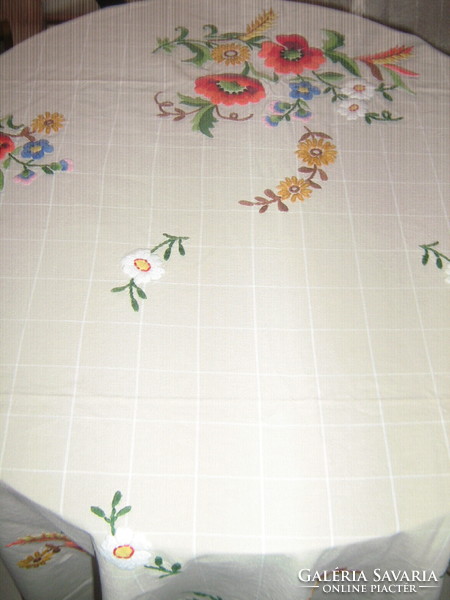 Beautiful antique hand-embroidered poppy flower tablecloth