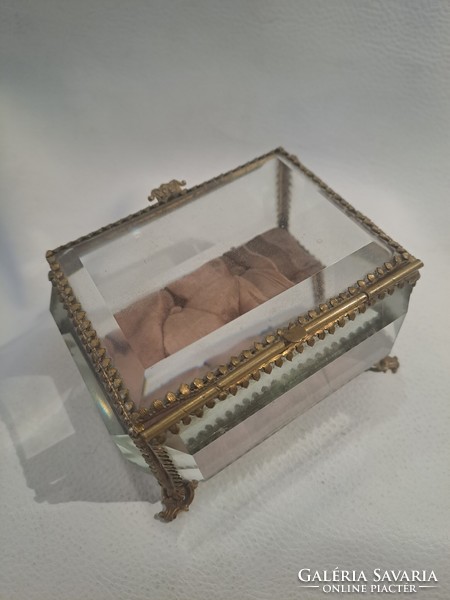 Original antique glass jewelry box with copper fittings around 1900