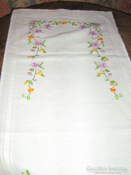 Beautiful special white vintage floral hand-embroidered tablecloth runner