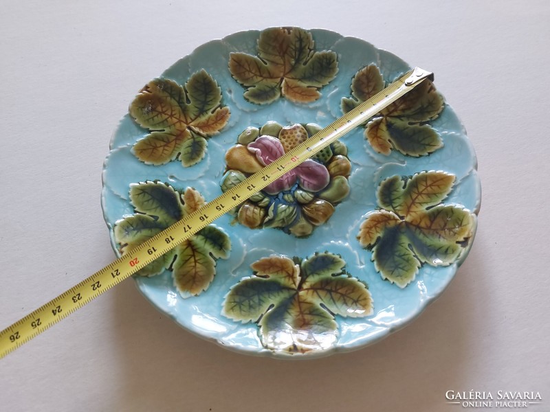 Régi fajansz tányér gesztenyelevél mintás majolika dísztányér