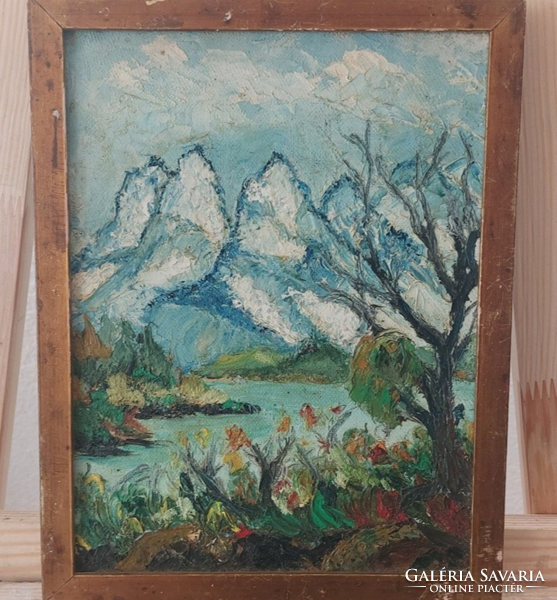 (K) landscape painting with mountains 20x26 cm frame