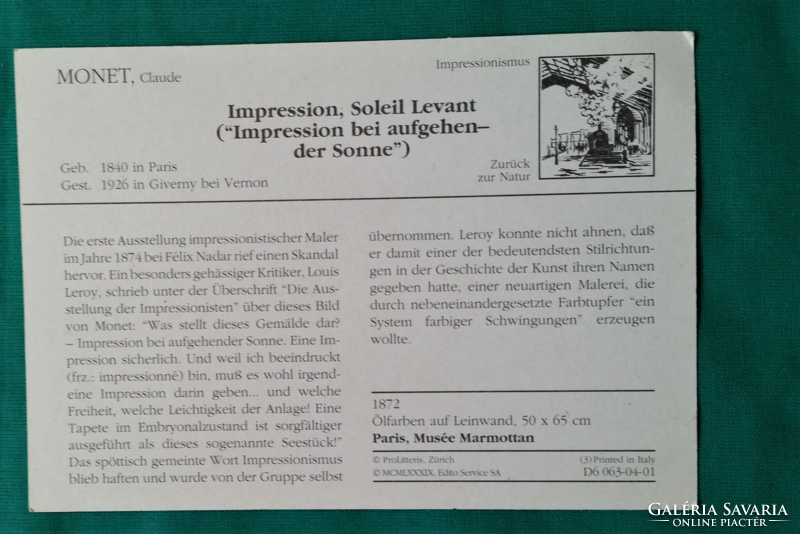 Claude Monet: Impresszió, a felkelő nap, reprint, postatiszta reklámképeslap