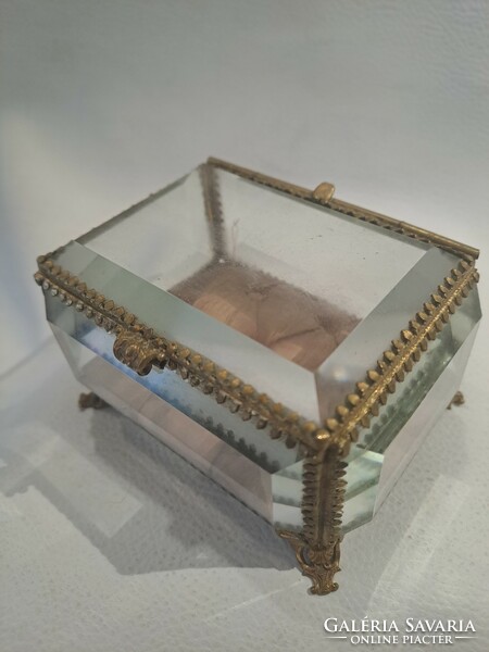 Original antique glass jewelry box with copper fittings around 1900