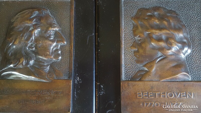 Liszt Ferenc-Beethoven bronze face relief mounted on wood, hanging picture 19.5x25, relief. 12X18cm