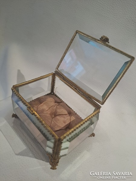 Original antique glass jewelry box with copper fittings around 1900