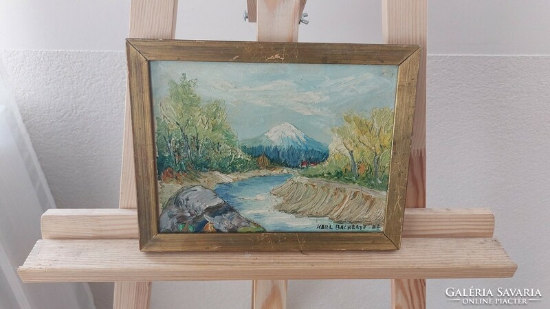 (K) signed landscape painting with mountains, river, 27x21 cm frame