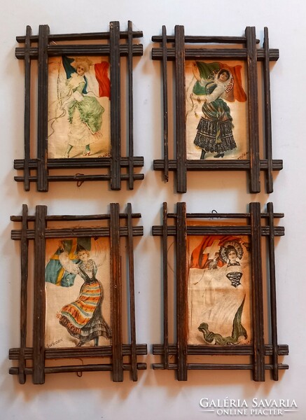4 Art Nouveau silk pictures in a frame. Negotiable