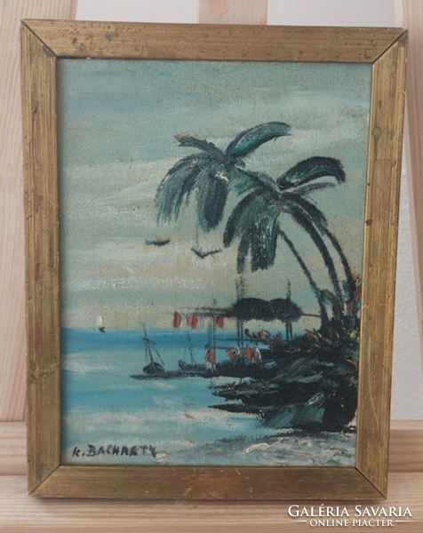 (K) marked landscape painting beach with palm trees 21x27 cm frame