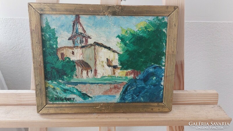 (K) signed landscape painting with church 27x21 cm frame