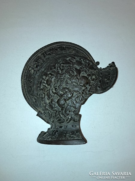 Antique militaria military cast iron helmet with figural battle scene decoration, 1800s