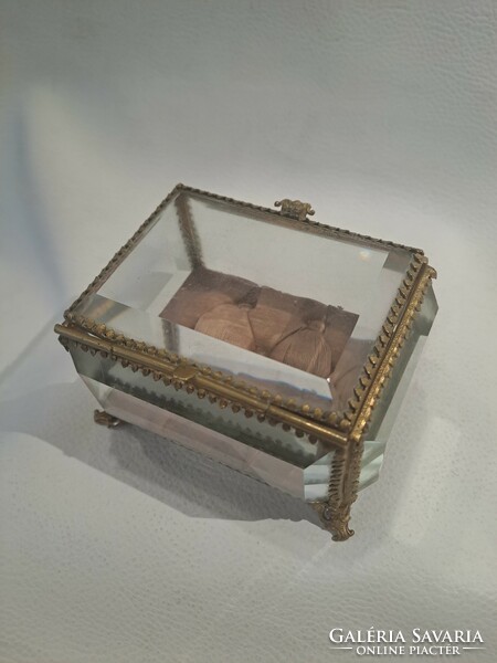 Original antique glass jewelry box with copper fittings around 1900