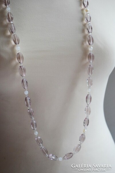 Régi nyaklánc nyakék retro bizsu üveg gyöngysor halvány lilás rózsaszín 100 cm