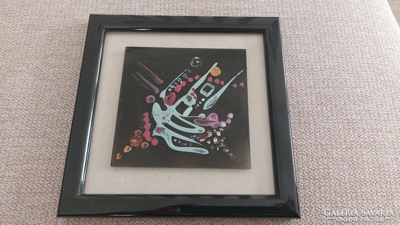 K) interesting small abstract picture painted on glass with a 16x16 cm frame