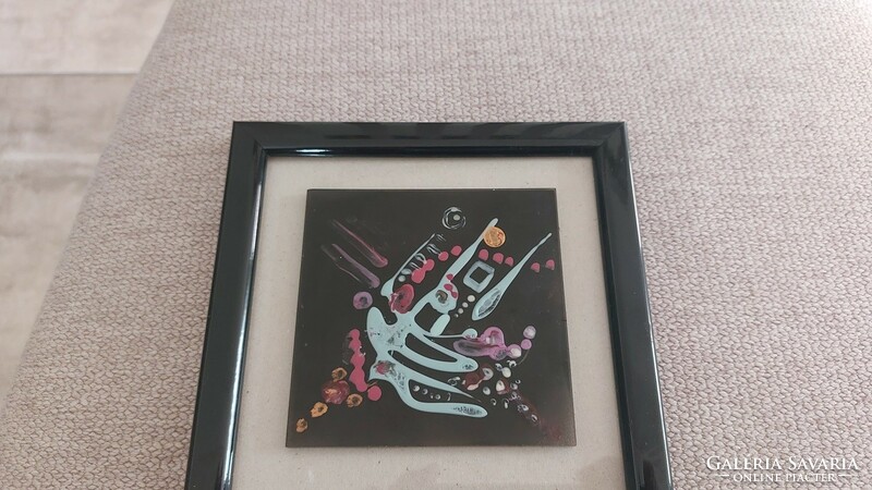 K) interesting small abstract picture painted on glass with a 16x16 cm frame