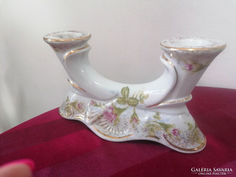 Polish porcelain 2-branch candle holder with rose pattern