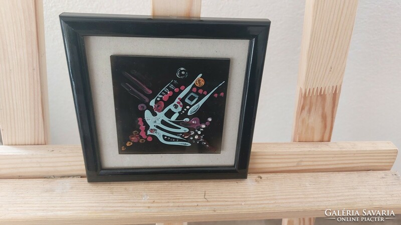 K) interesting small abstract picture painted on glass with a 16x16 cm frame