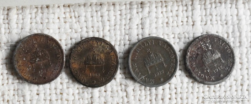 2 Filér, approx., 1917; 1918, money, coin, Hungarian royal bill 4 pcs.