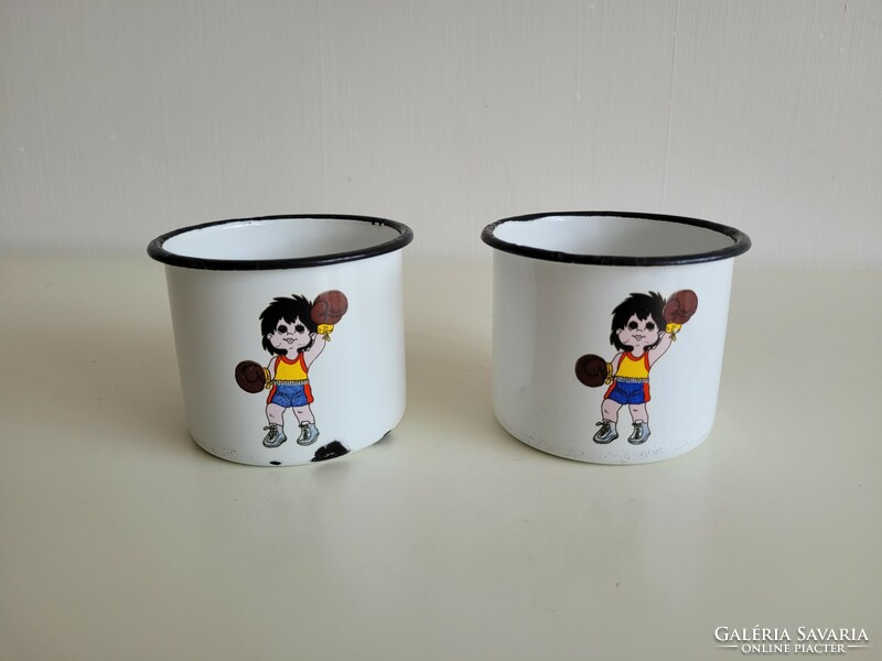 2 Pcs retro enamel sportsman boxer little boy pattern enameled old children's mug