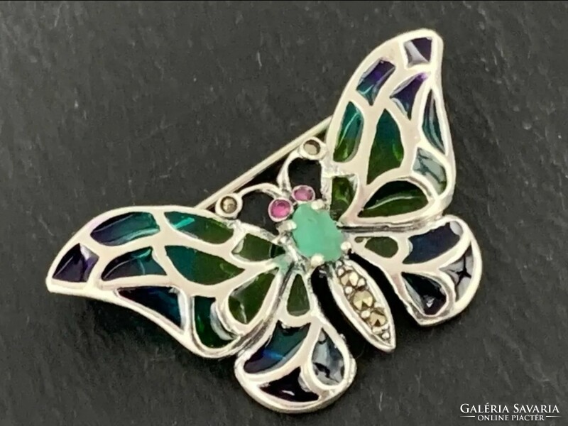 Butterfly/ butterfly silver pendant/ brooch with marcasite and fire enamel silver /925/ --new