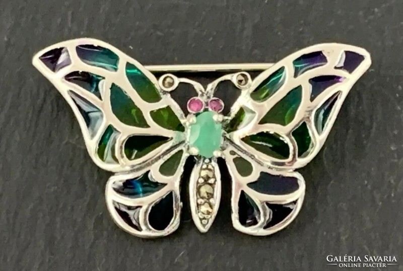 Butterfly/ butterfly silver pendant/ brooch with marcasite and fire enamel silver /925/ --new