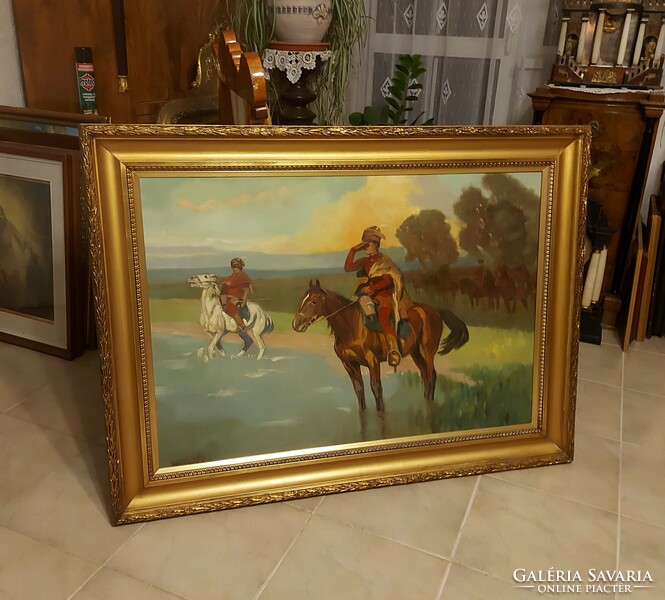 Béla Juzkó's brilliant antique painting! Hussars! 120X90cm!