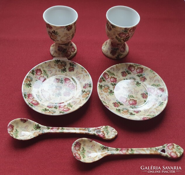 2 sets of Krömer German porcelain vintage style egg tray small spoon rose pattern breakfast dish