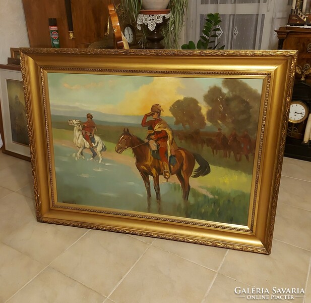 Béla Juzkó's brilliant antique painting! Hussars! 120X90cm!