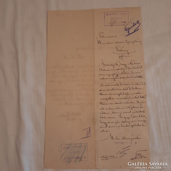 Állampénztárnak címzett levél, válasz a hátoldalon - pecséttel, aláírásokkal -  1920
