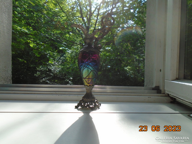 LOETZ eozinos lila, türkiz ,zöld üveg arany tónusokkal Szecessziós  dísz karaffa bronz szerelékkel