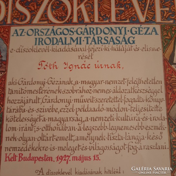 Honorary certificate of the national Géza literary society in Gárdony, 1927