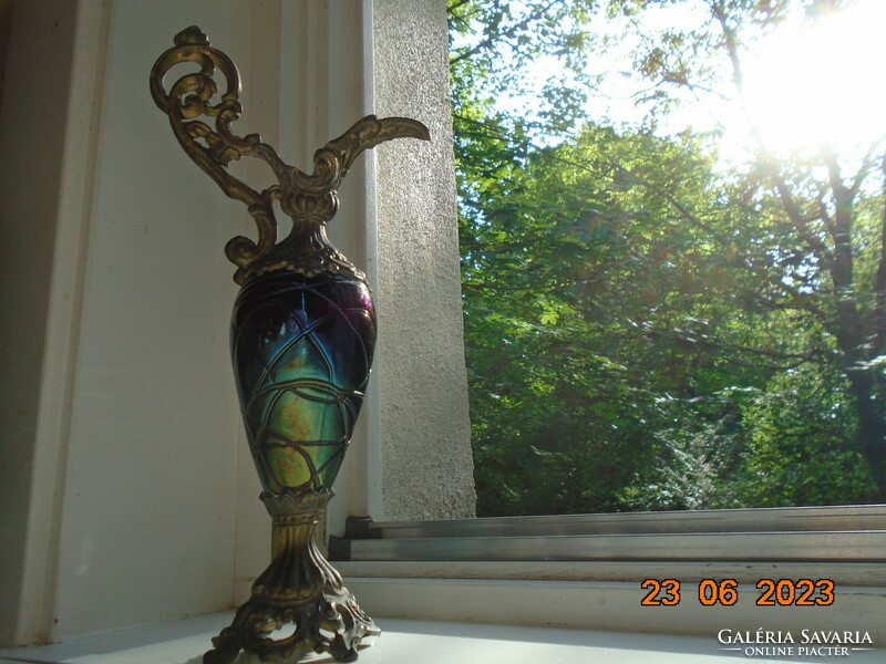 Loetz eosin purple, turquoise, green glass with gold tones Art Nouveau carafe with bronze fittings