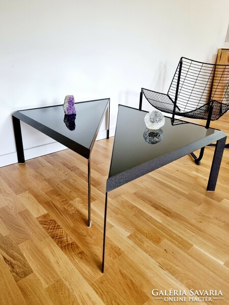 Pair of extravagant vintage glass tables with metal frames