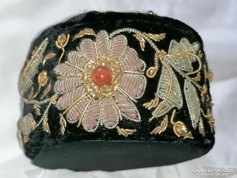 Old, Indian, handmade black velvet jewelry box decorated with stones is a rarity!