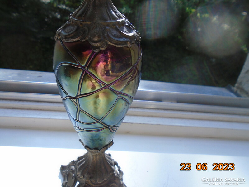 Loetz eosin, green, blue, purple glass with gold tones, Art Nouveau carafe with bronze fittings